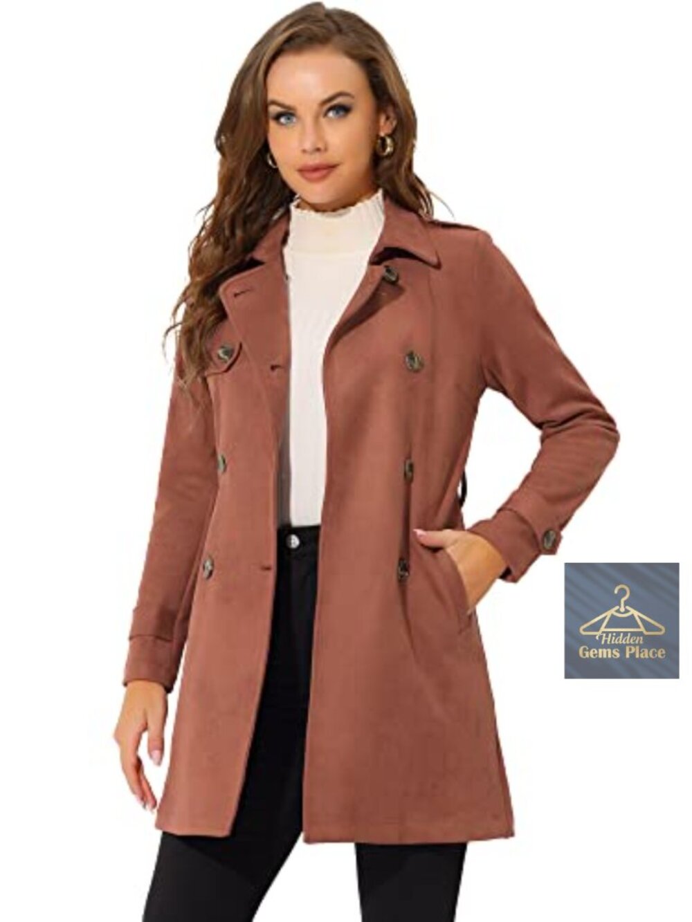 Women's Faux Suede Double Breasted Trench Coat with Belt Winter Jacket